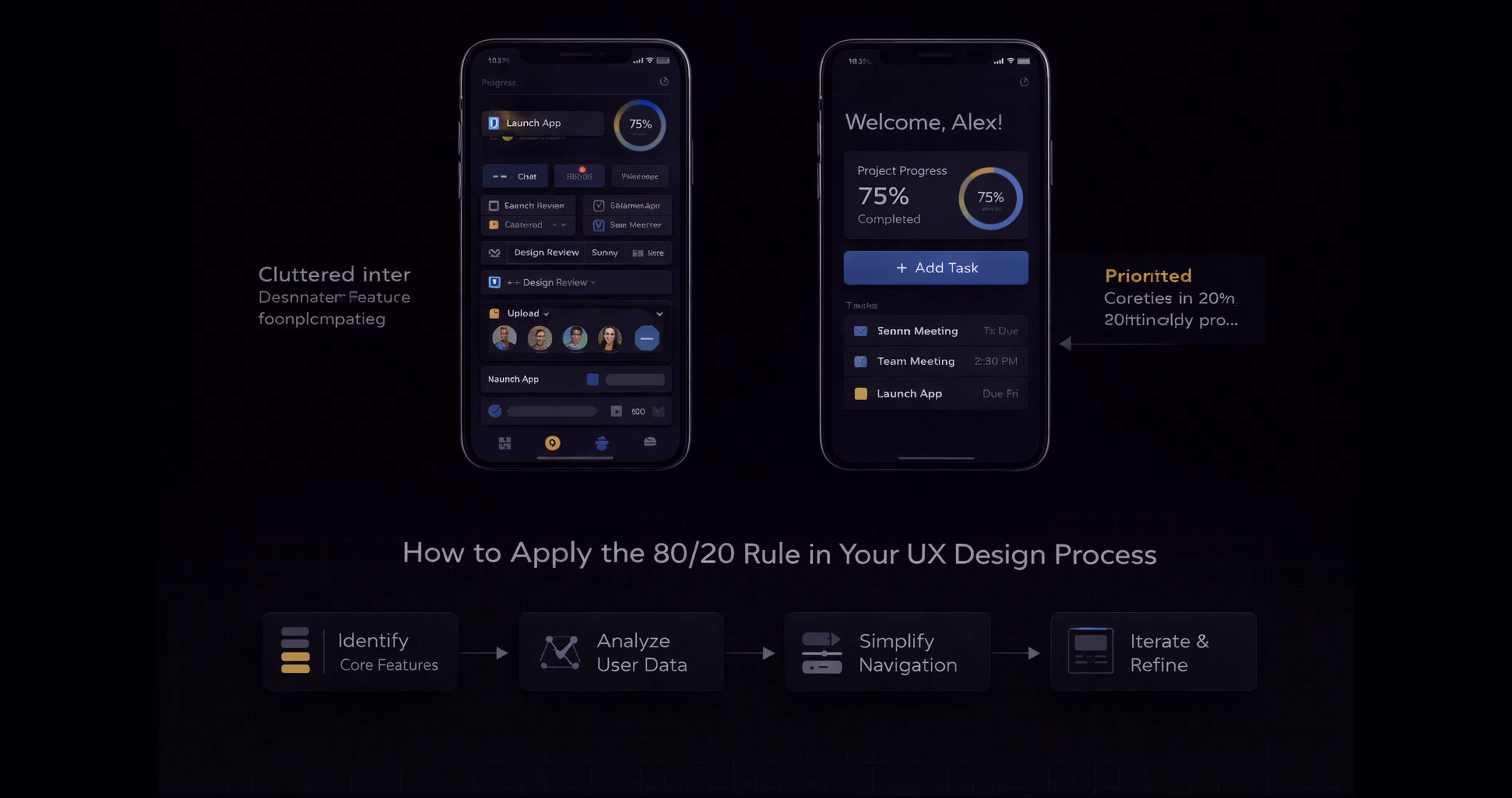Comparison of cluttered mobile app interface versus prioritized UI using the 80 20 rule
