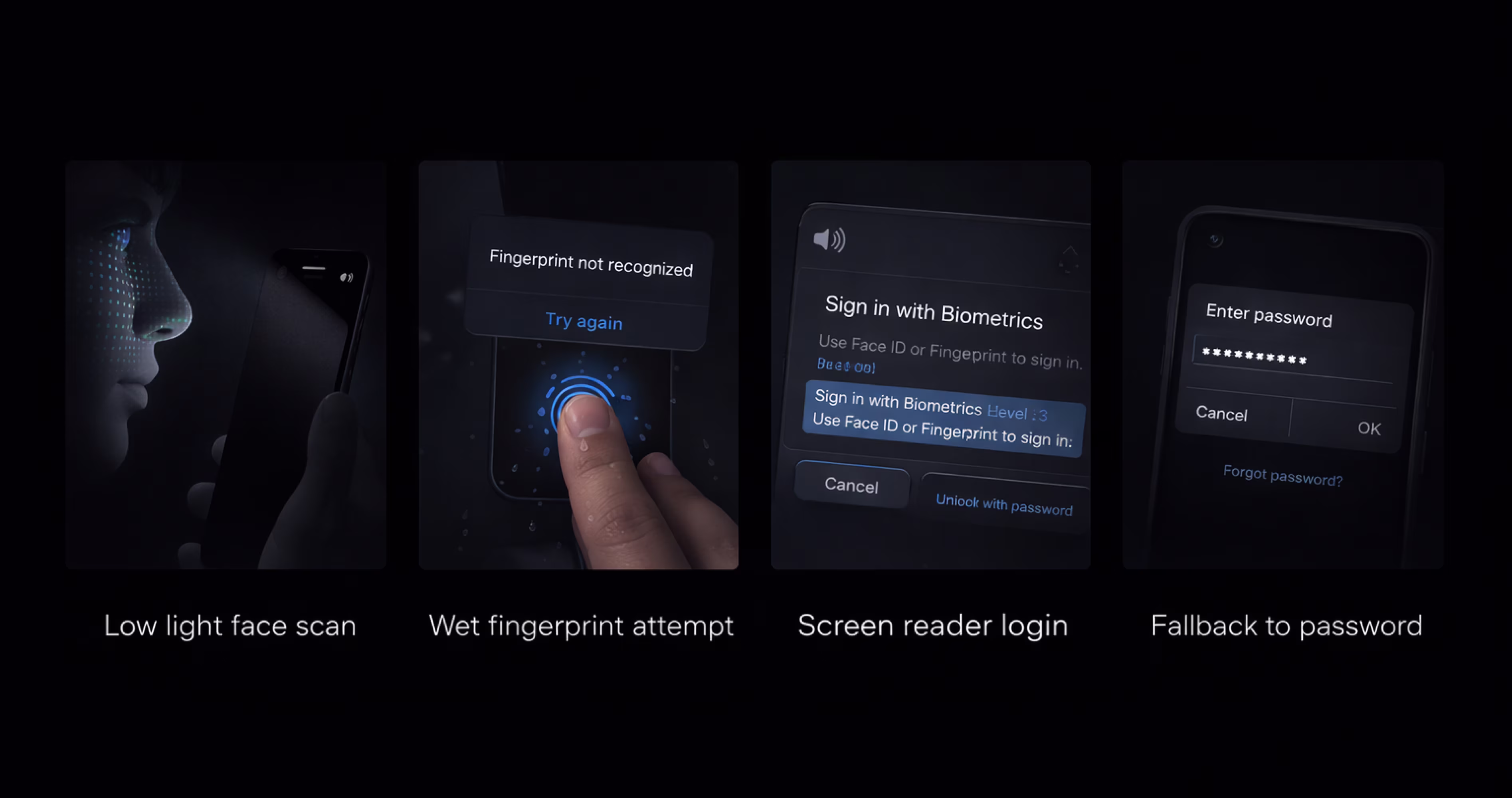Biometric authentication failure cases including low light face scan and fallback to password