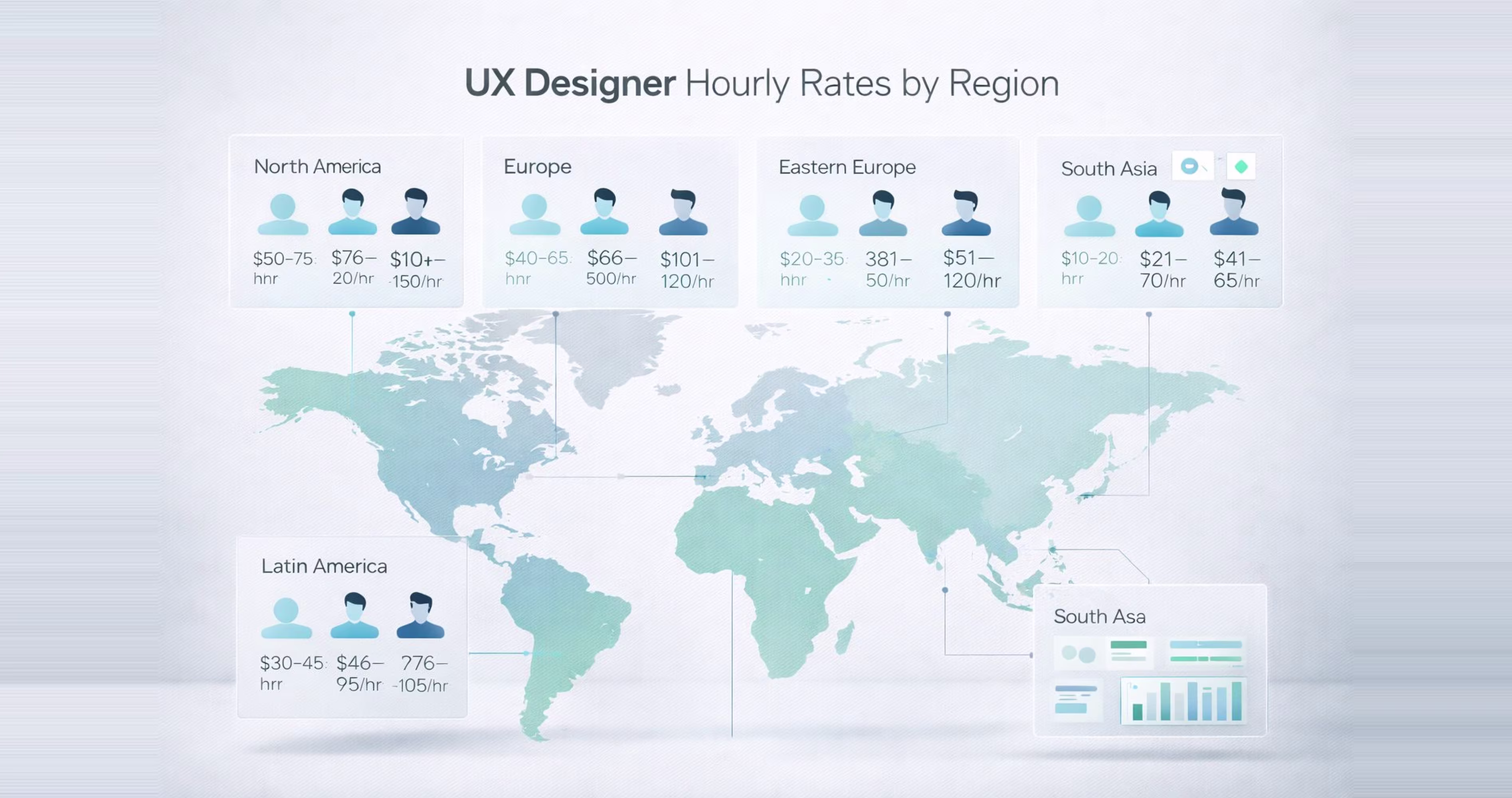 UX designer hourly rates by region including North America, Europe, Eastern Europe and South Asia