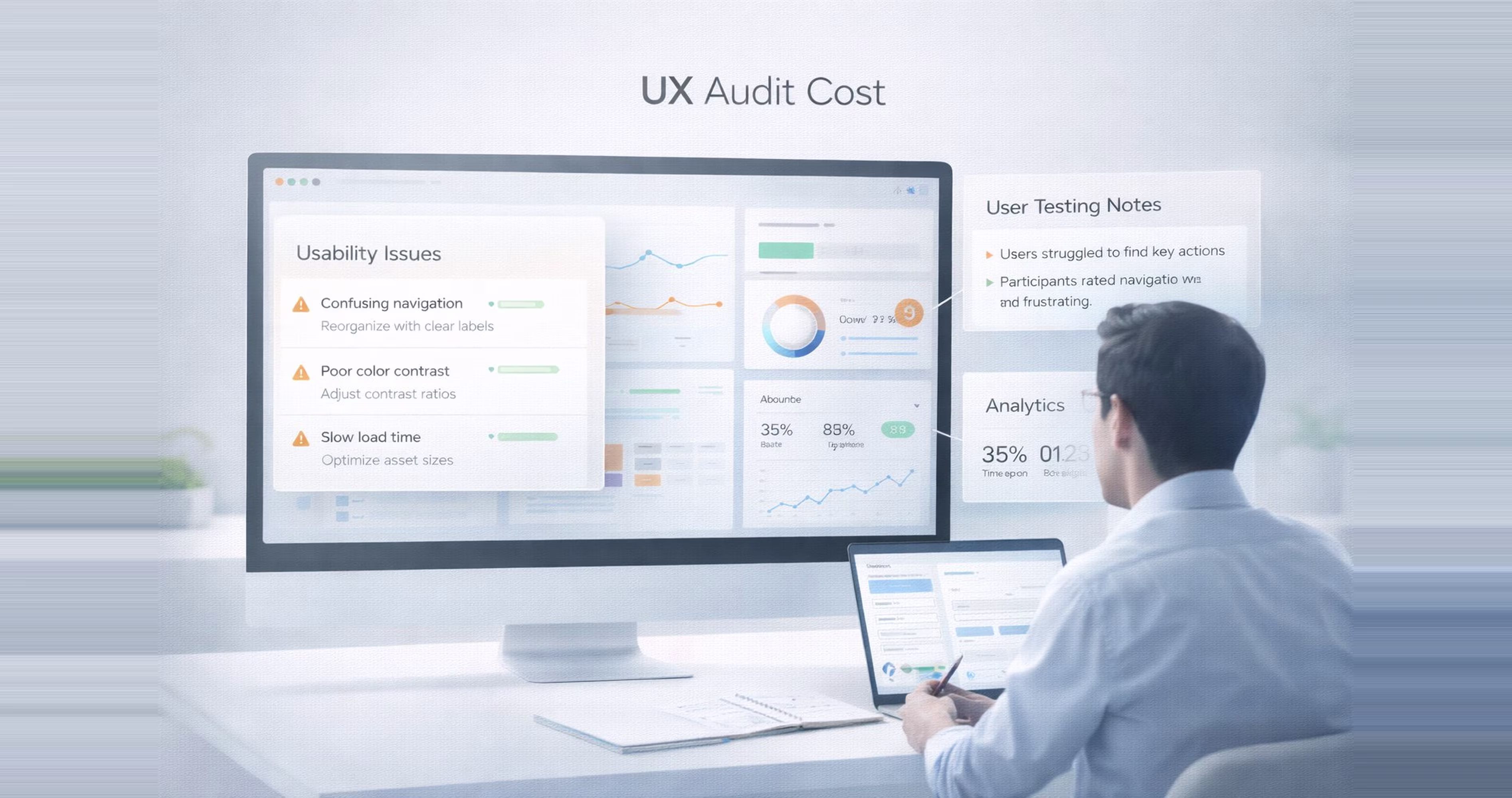 UX audit cost analysis showing usability issues analytics insights and user testing findings