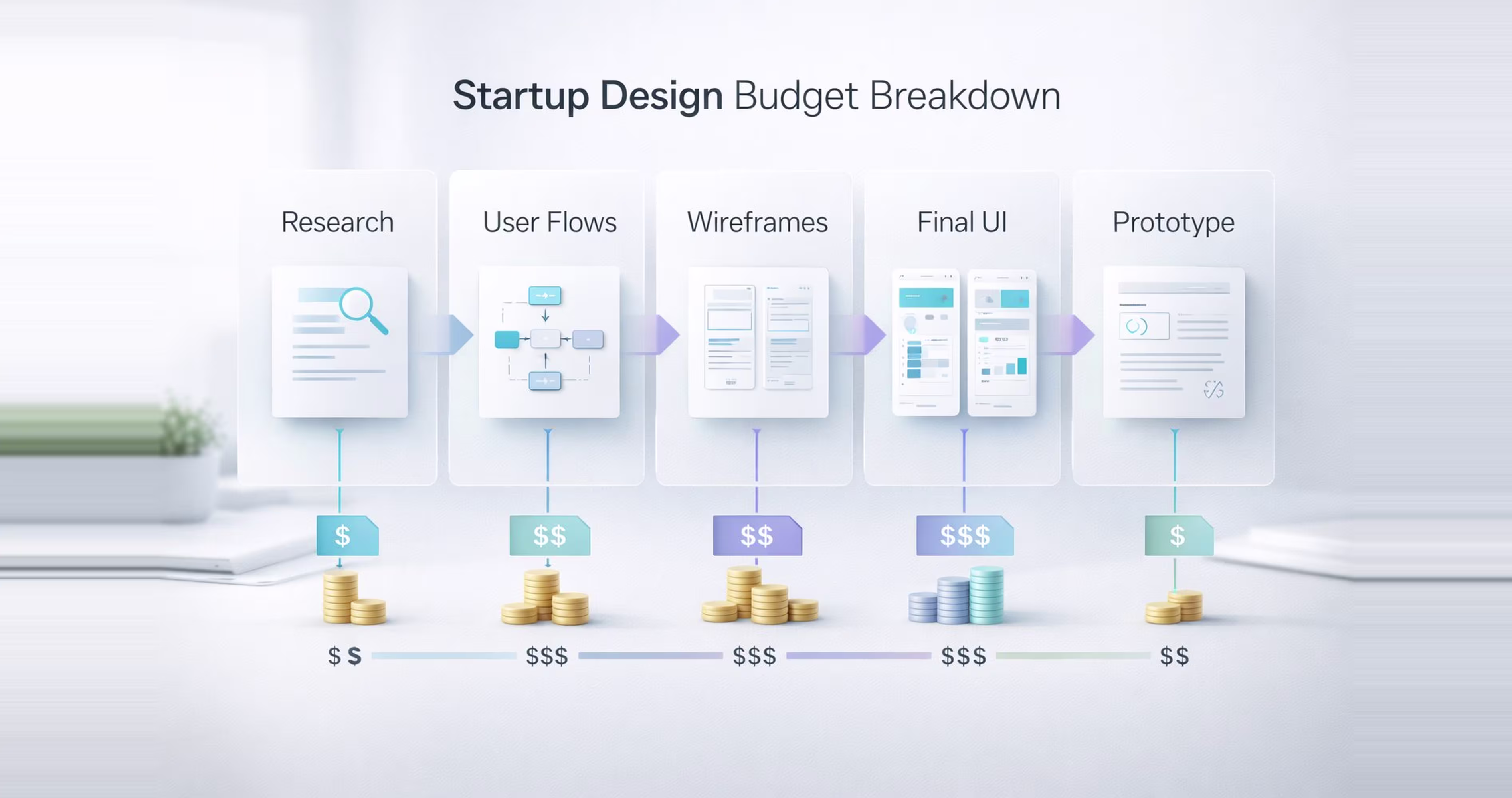Startup UI UX design budget breakdown including research, user flows, wireframes, final UI and prototype stages