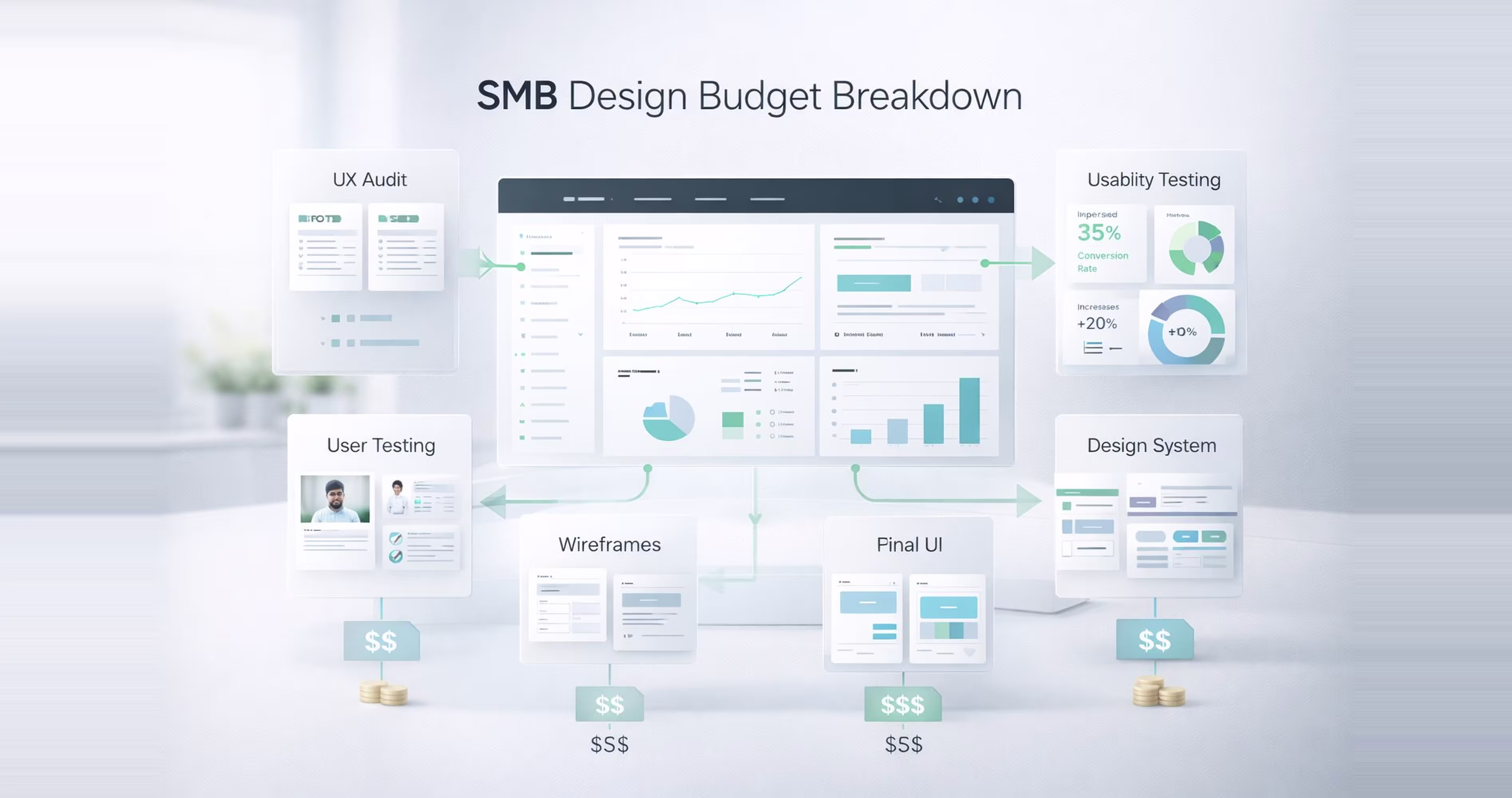 SMB SaaS UI UX design budget breakdown including UX audit, usability testing, wireframes and design system