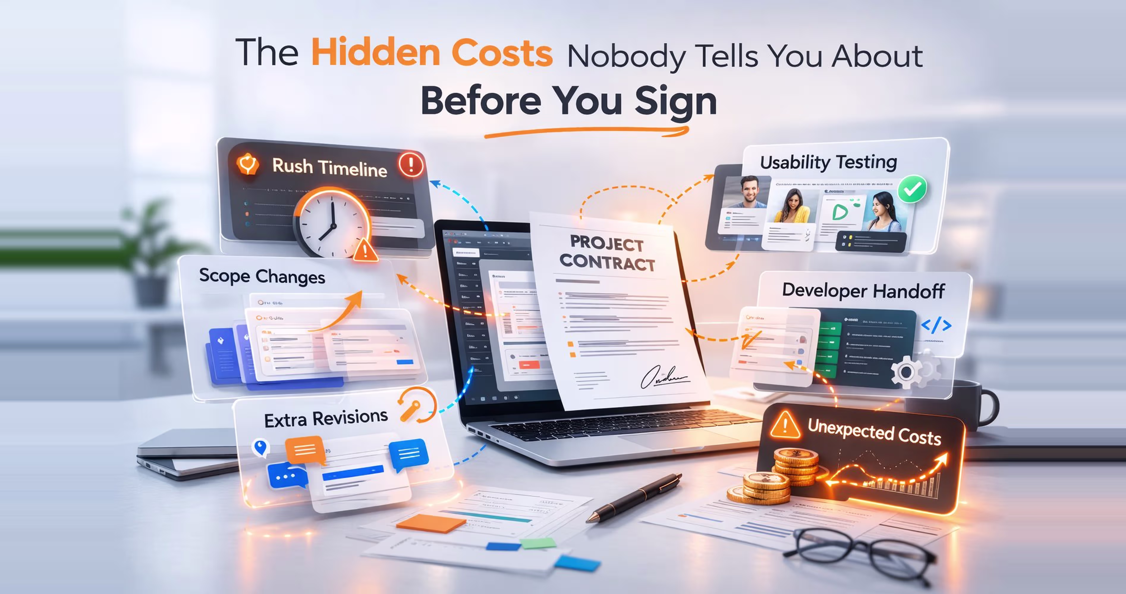 Hidden UI UX design costs including scope changes rush timelines usability testing developer handoff and extra revisions