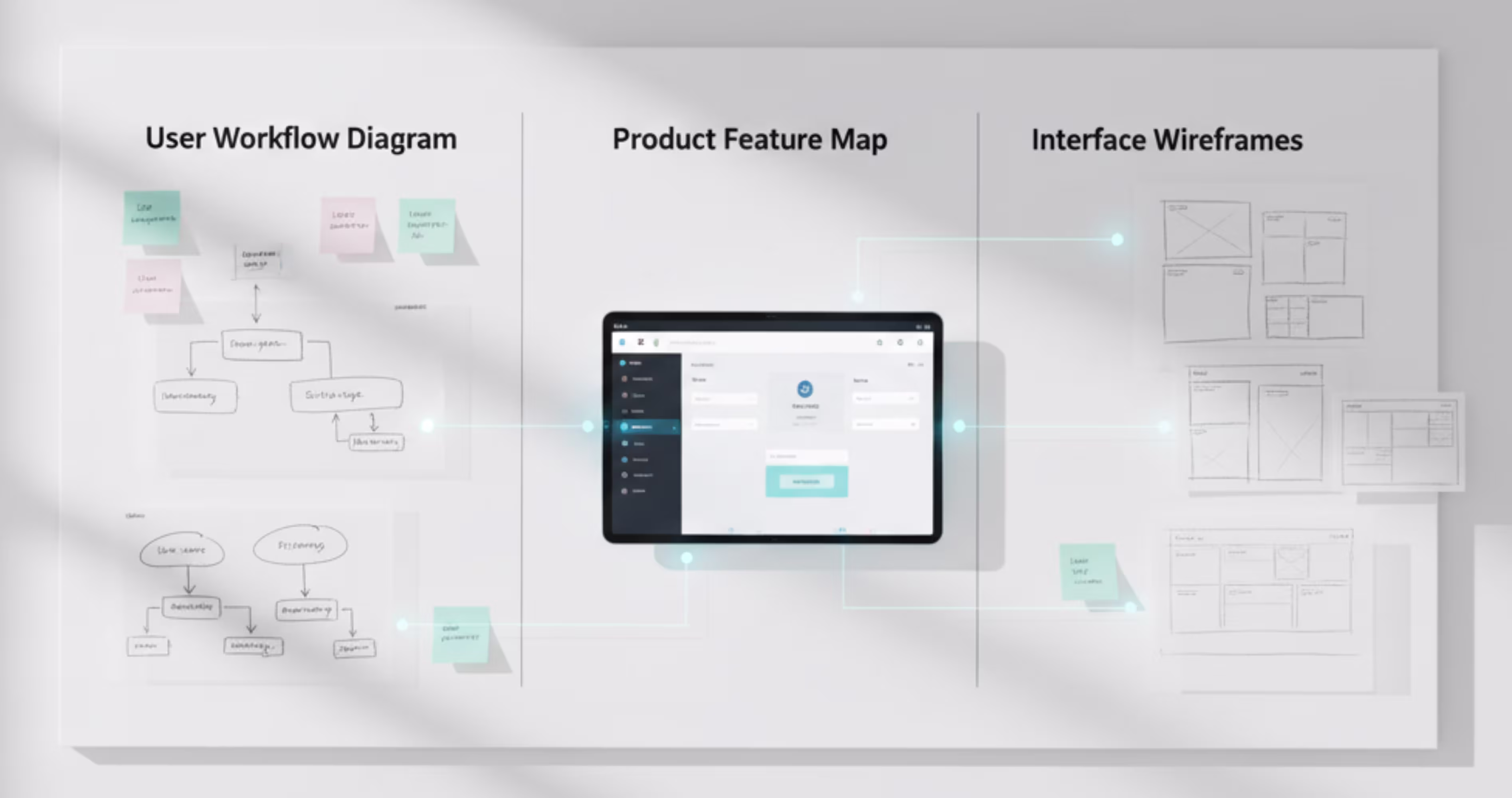 SaaS UX design workflow including user workflow diagram feature mapping and interface wireframes