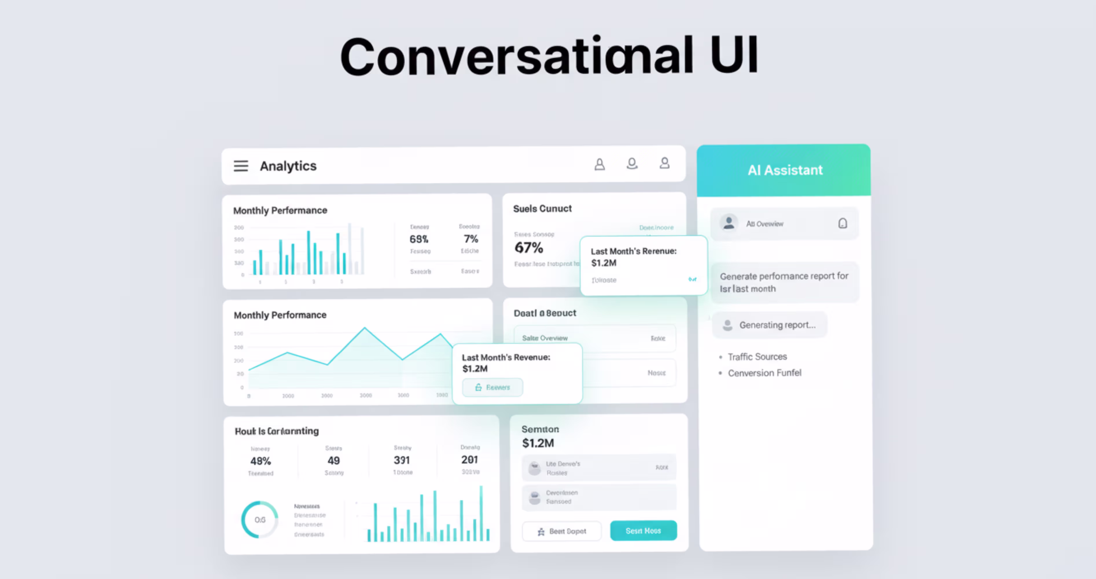 Conversational UI with AI assistant helping analyze SaaS product performance dashboards