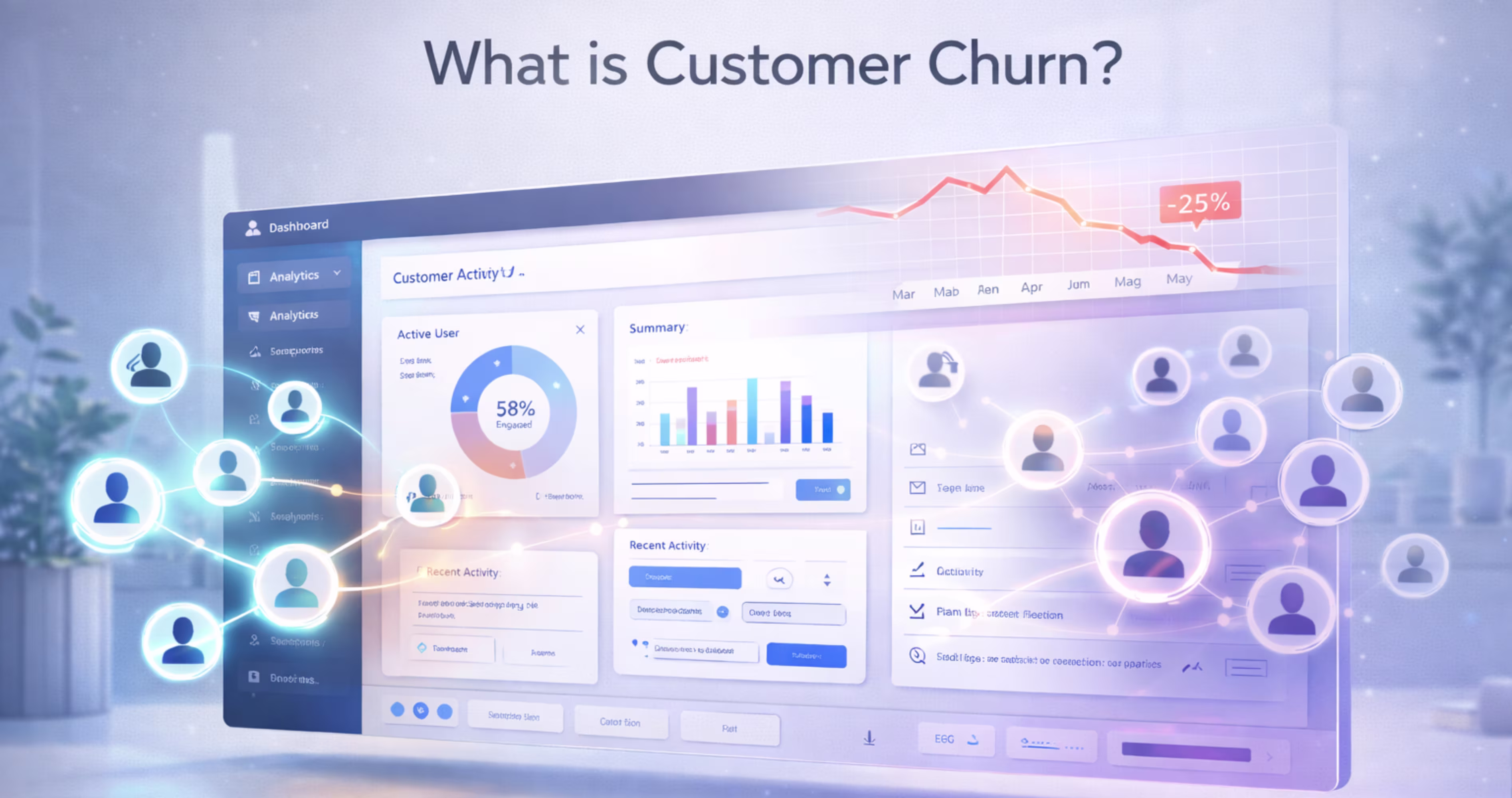 SaaS dashboard showing declining active users and customer analytics illustrating the concept of customer churn in a digital product.