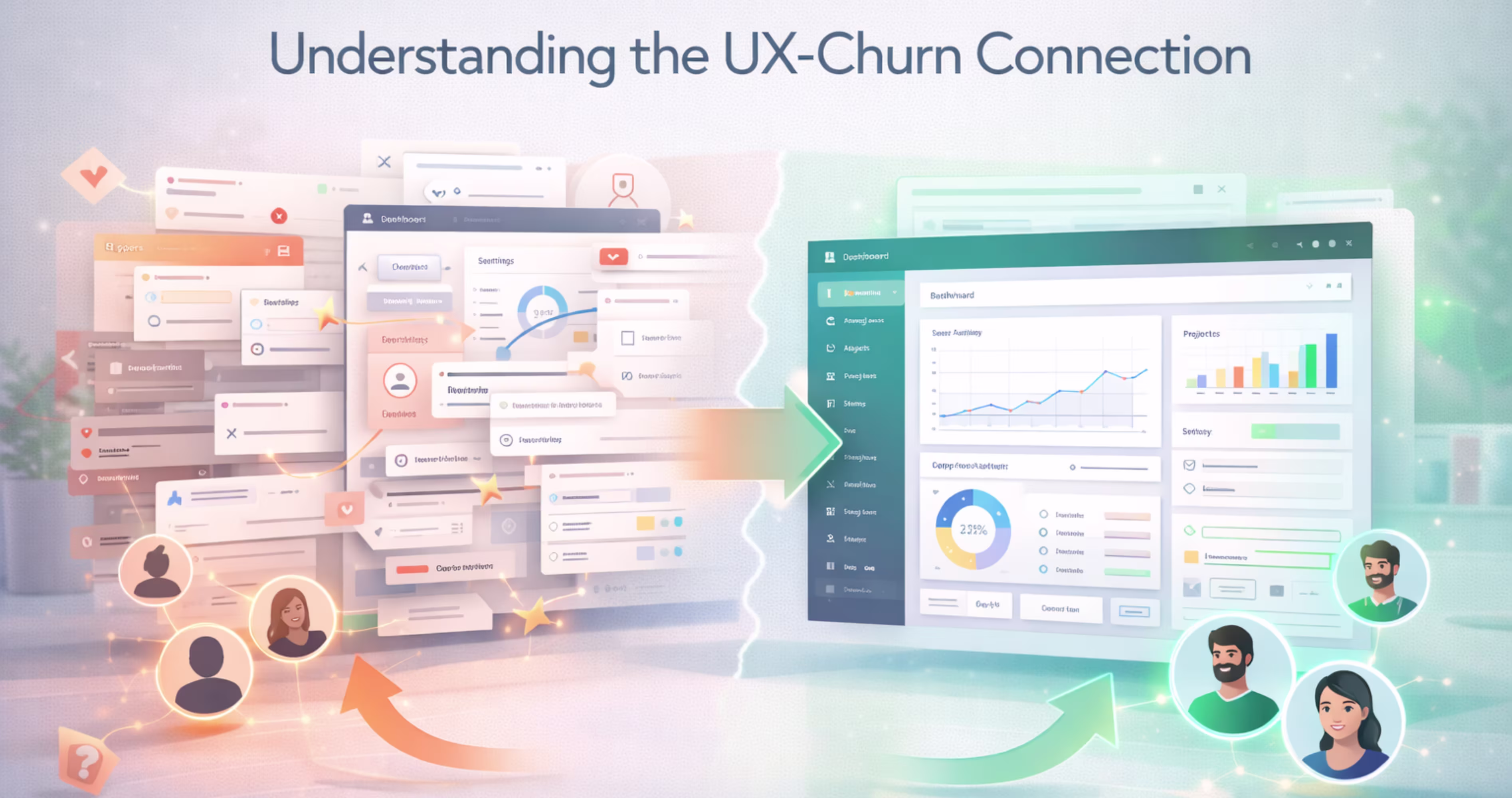 Comparison of poor UX interface and optimized SaaS dashboard showing how user experience design affects customer churn and retention.