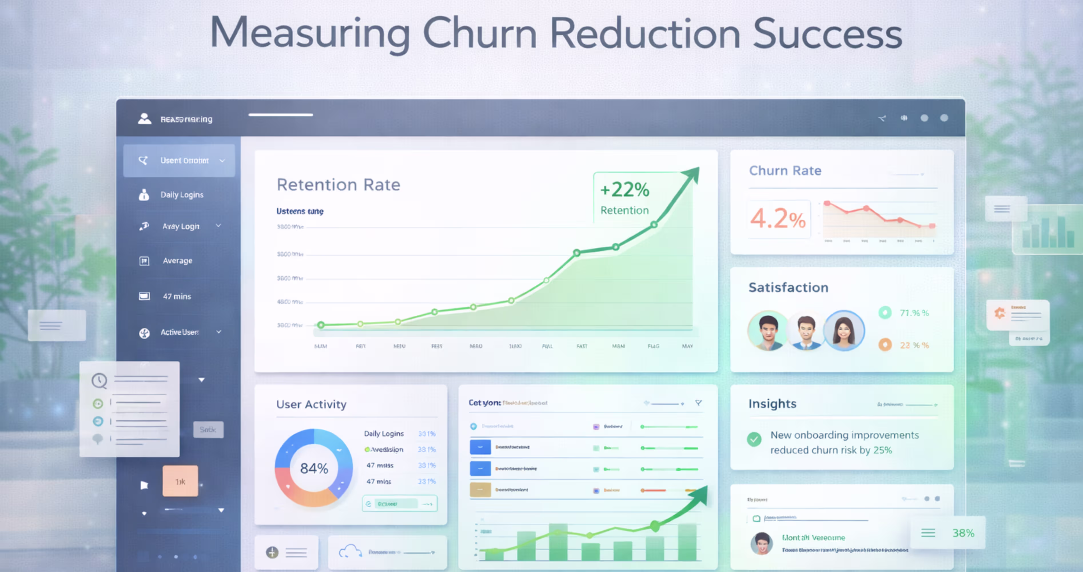 Analytics dashboard displaying customer retention rate, churn metrics and user engagement graphs measuring UX improvement success.