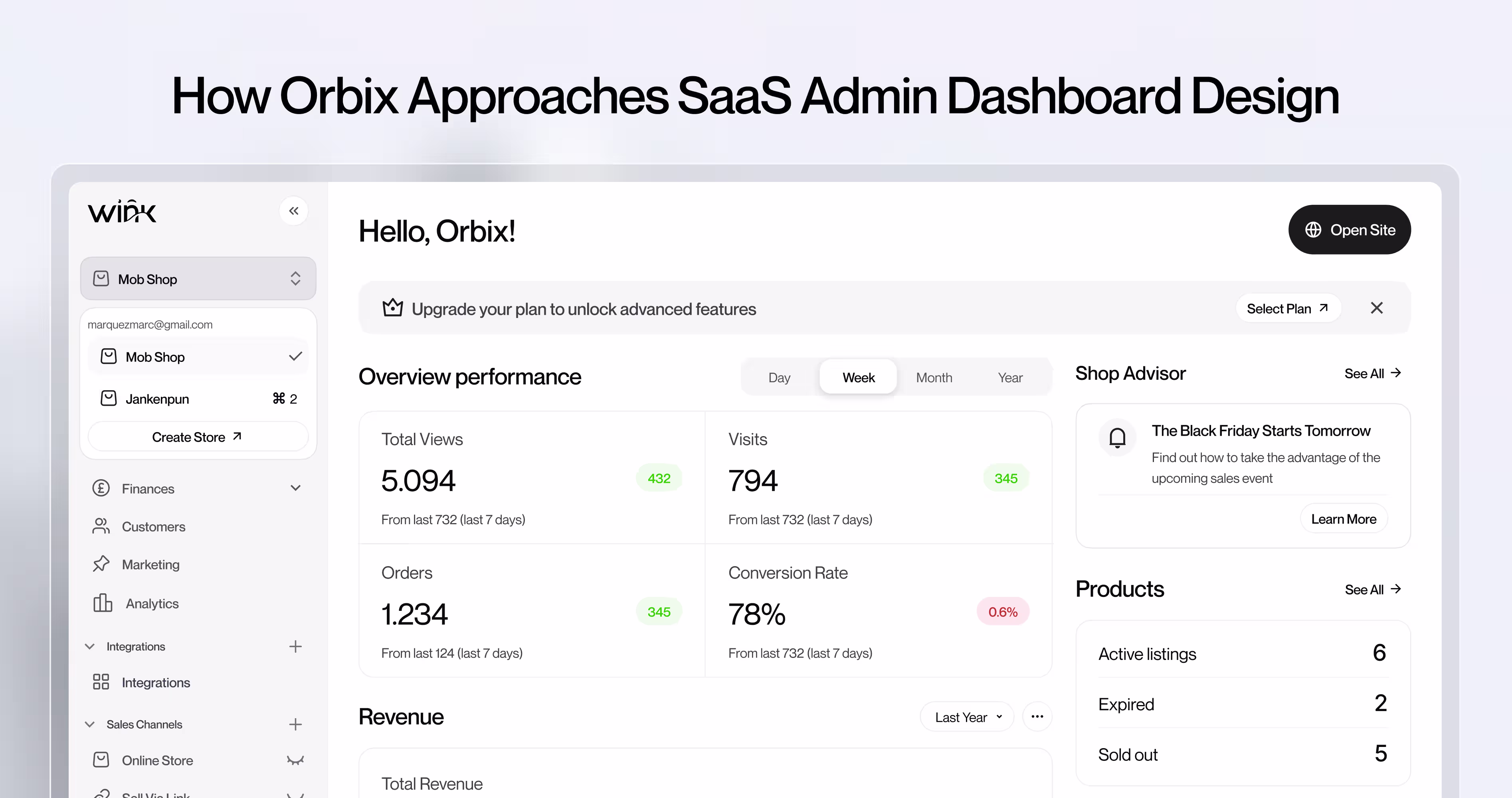 Orbix SaaS admin dashboard design example with performance metrics, revenue overview, and product insights