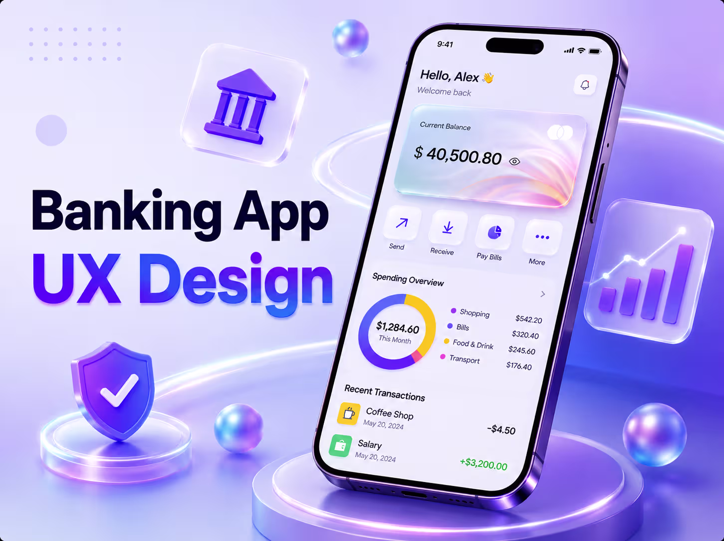 Banking app UX design on a lavender background featuring a fintech mobile dashboard with spending overview, recent transactions, navigation actions, and a floating +6.9% growth analytics card