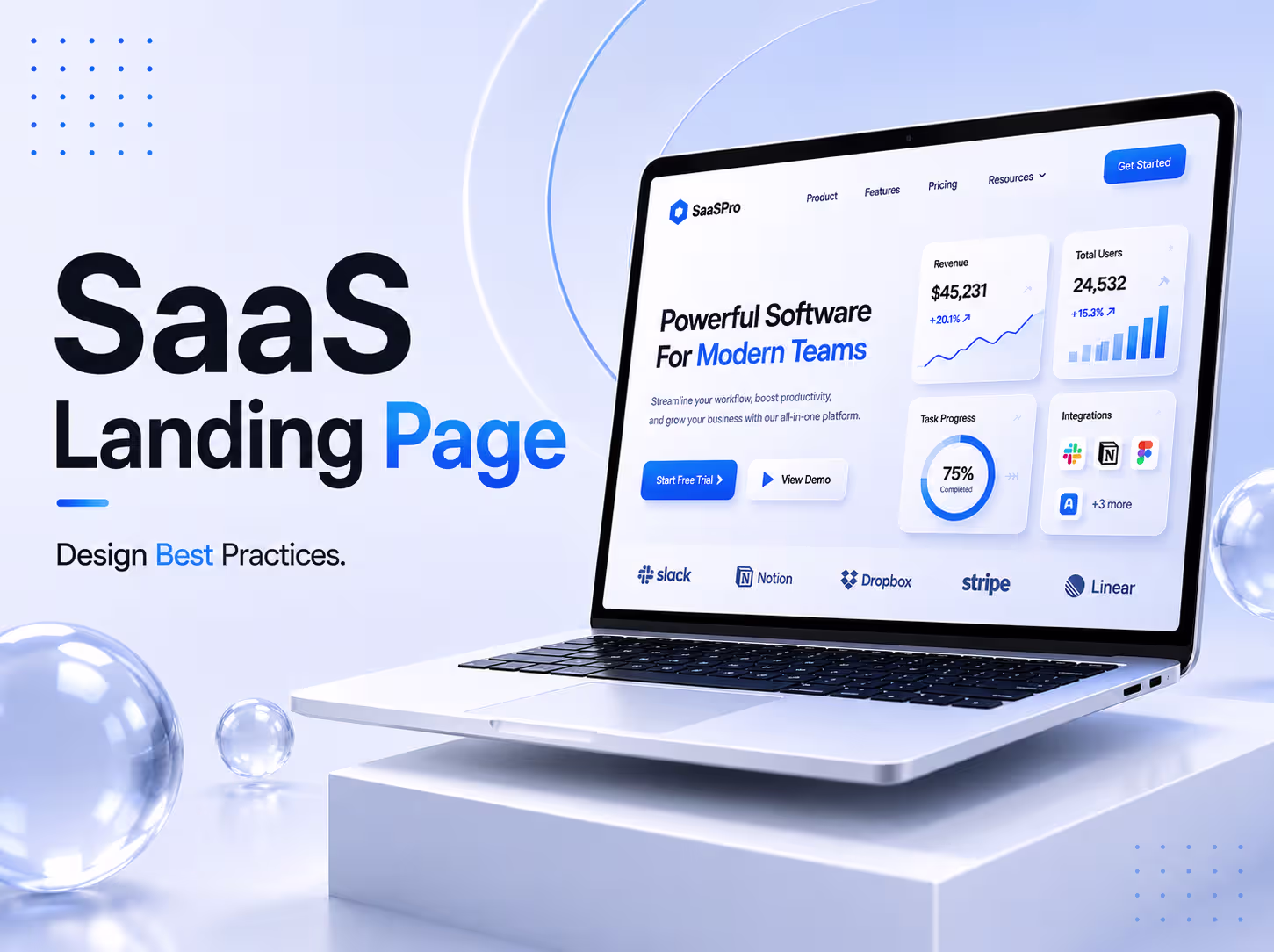 SaaS landing page design best practices illustrated with a product hero section showing revenue metrics, free trial CTA, and integration logos on a modern dashboard UI