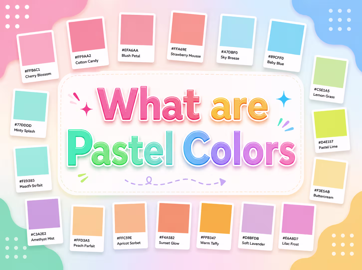 What are Pastel Colors guide featuring pastel color palette examples, soft color combinations, pastel shades, and modern web design color inspiration for branding and UI design.
