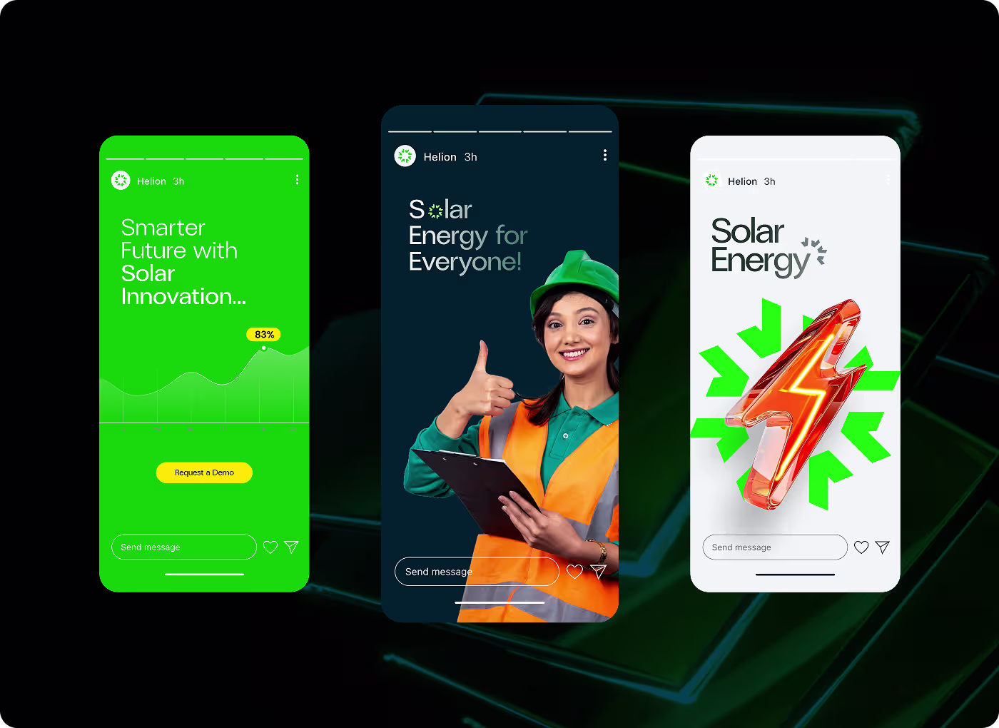 Helion mobile app interface design and marketing promotional screens showcasing solar energy branding by Orbix Studio