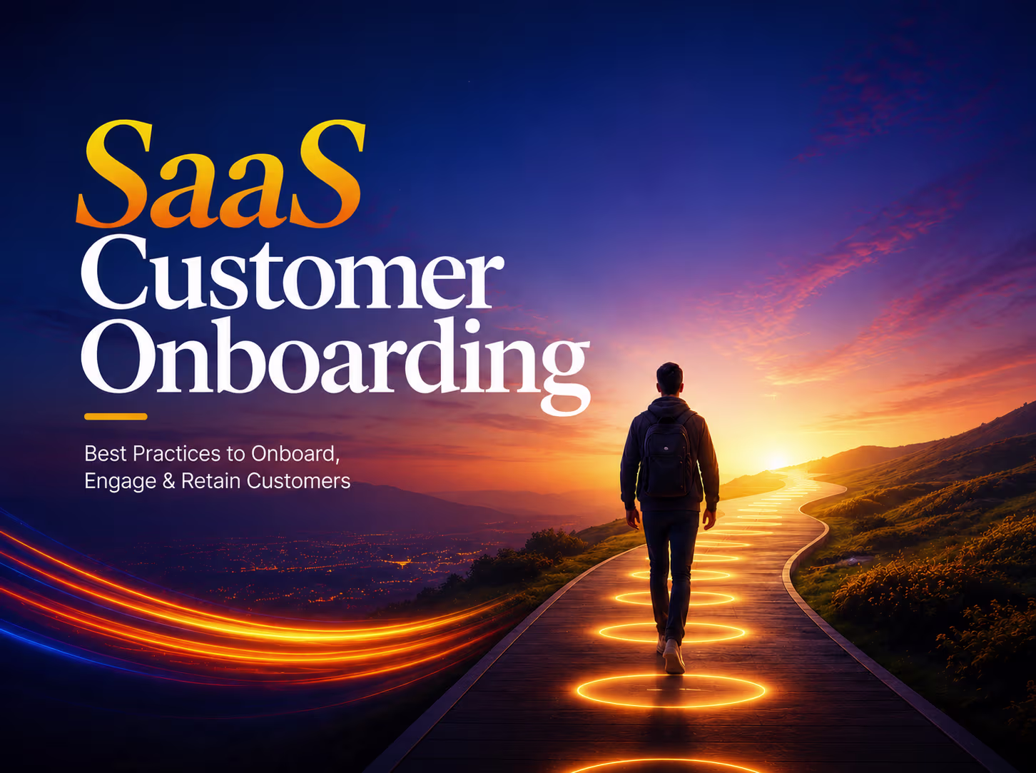 SaaS customer onboarding guide showing a user walking along a glowing path toward activation, engagement, and customer retention