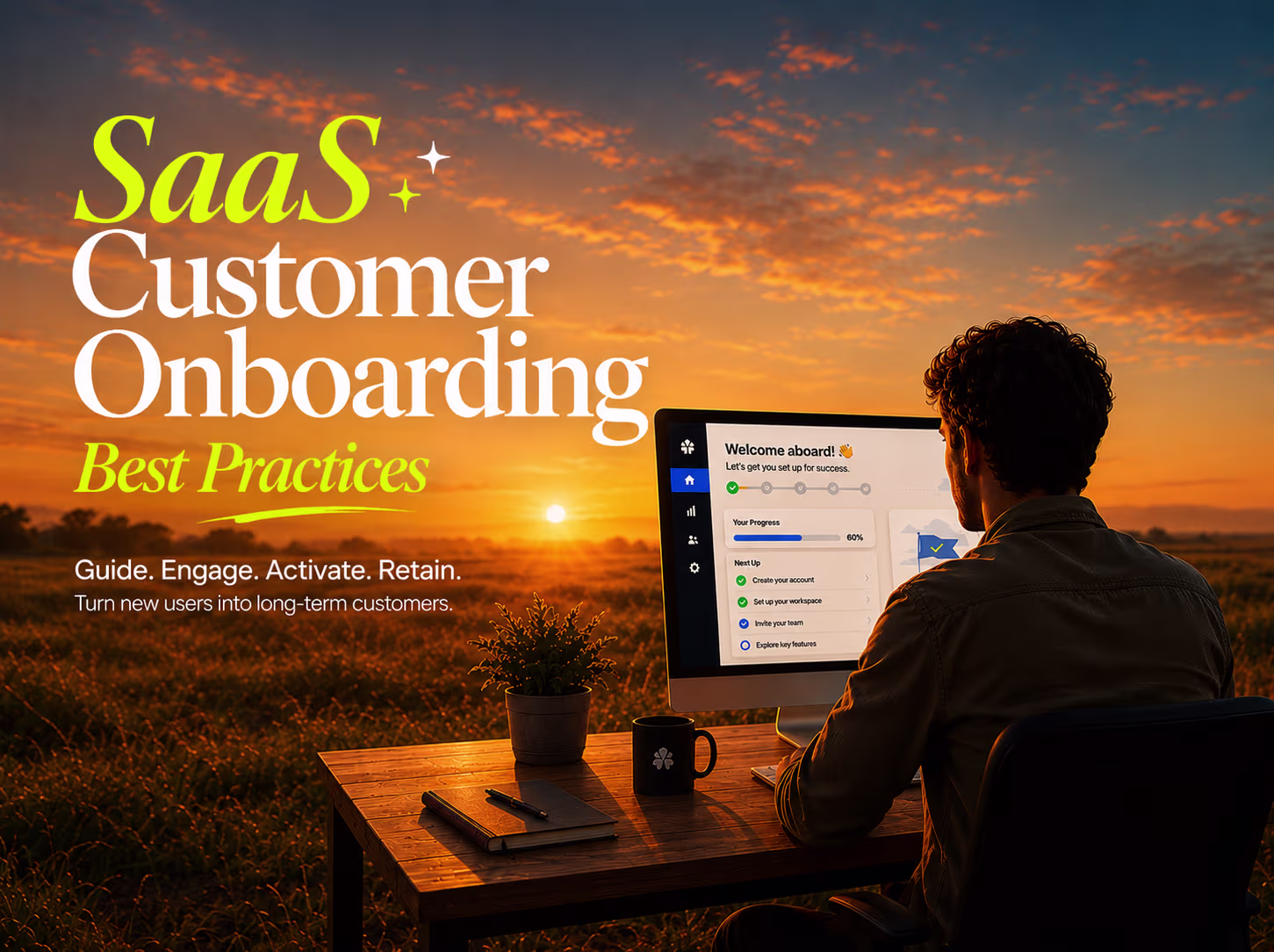 SaaS Customer Onboarding Best Practices illustrated with a professional working on onboarding software at sunset, showcasing user activation, customer engagement, and retention strategies.