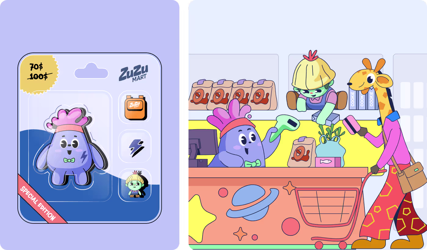 Vibrant ZuZu Mart character universe with playful anthropomorphic mascots and storytelling by Orbix Studio