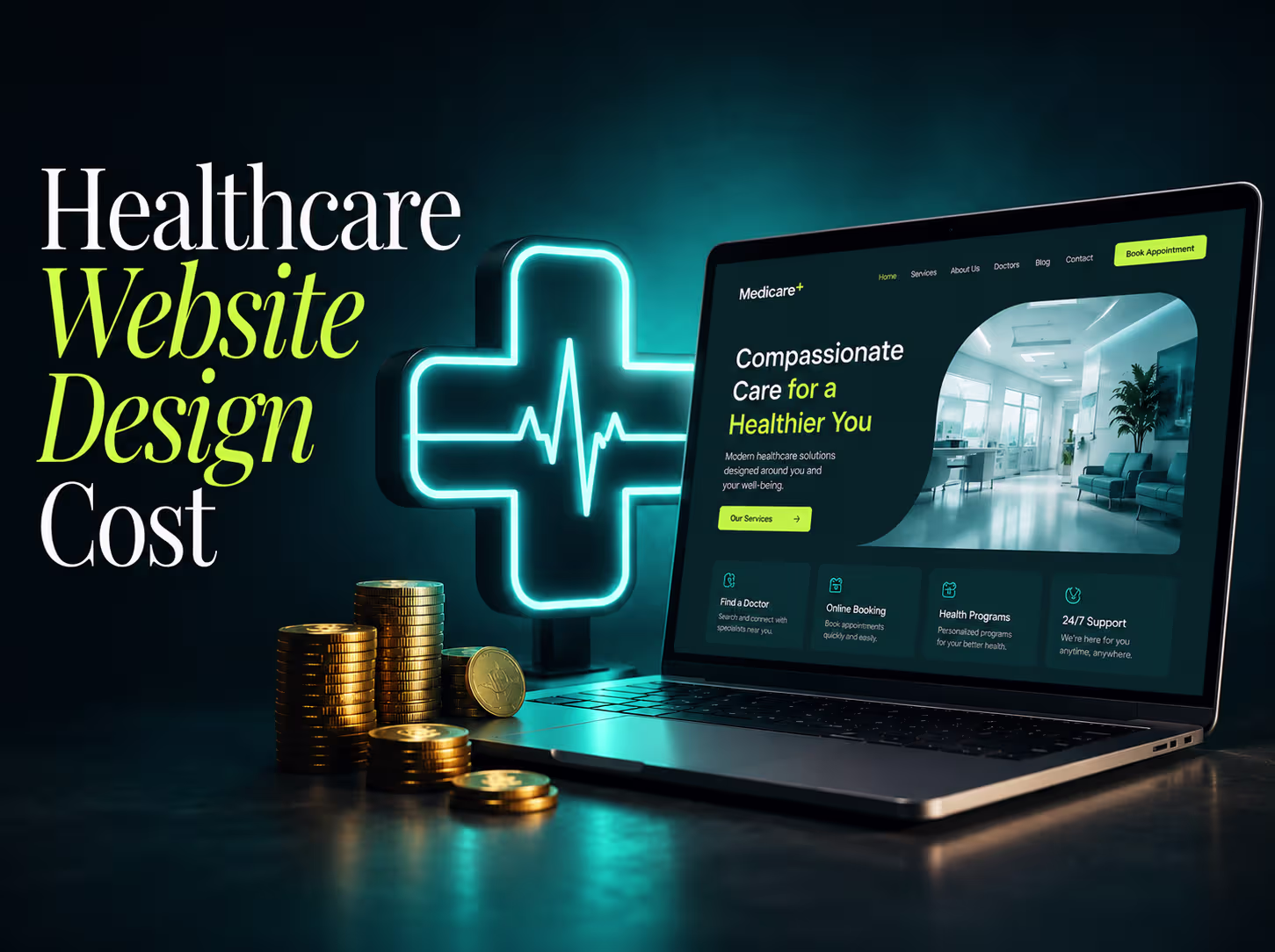 Healthcare website design cost illustration showing a medical website interface with pricing calculator, healthcare dashboard, patient management features, and website development costs for clinics, hospitals, and healthcare providers.