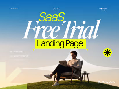 Editorial SaaS free trial landing page hero design featuring a user working on a laptop with a modern landing page concept focused on increasing free trial conversions.