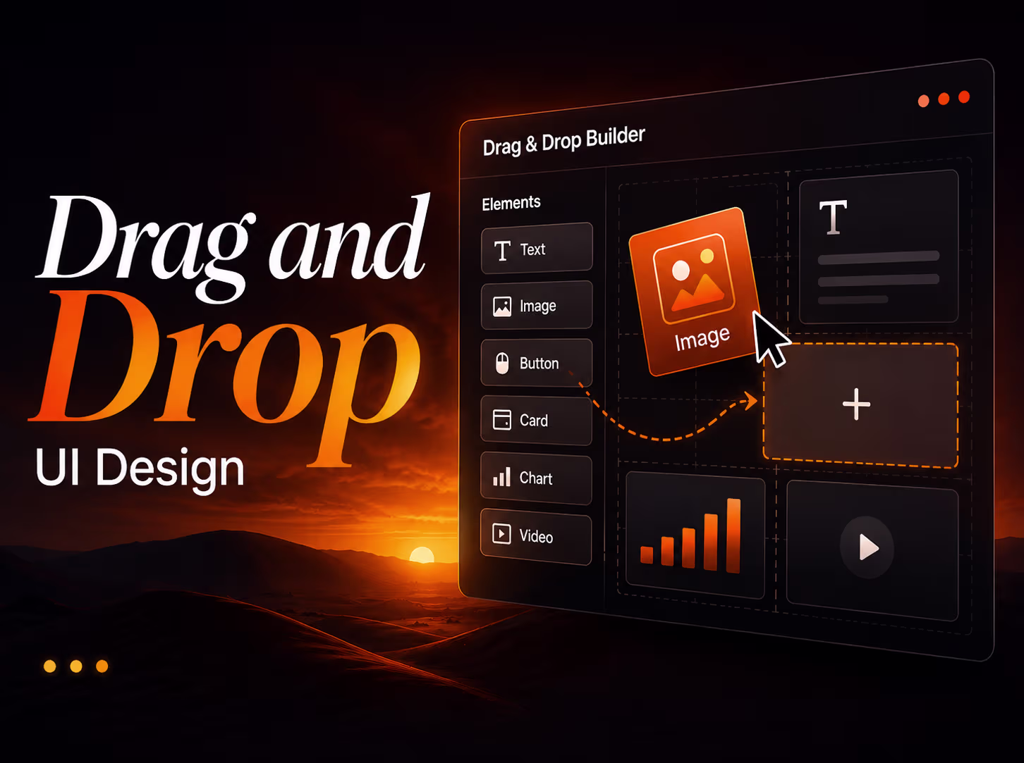 Dark-themed drag and drop UI design interface with visual builder, draggable image card, dashboard layout, and modern SaaS editor concept.