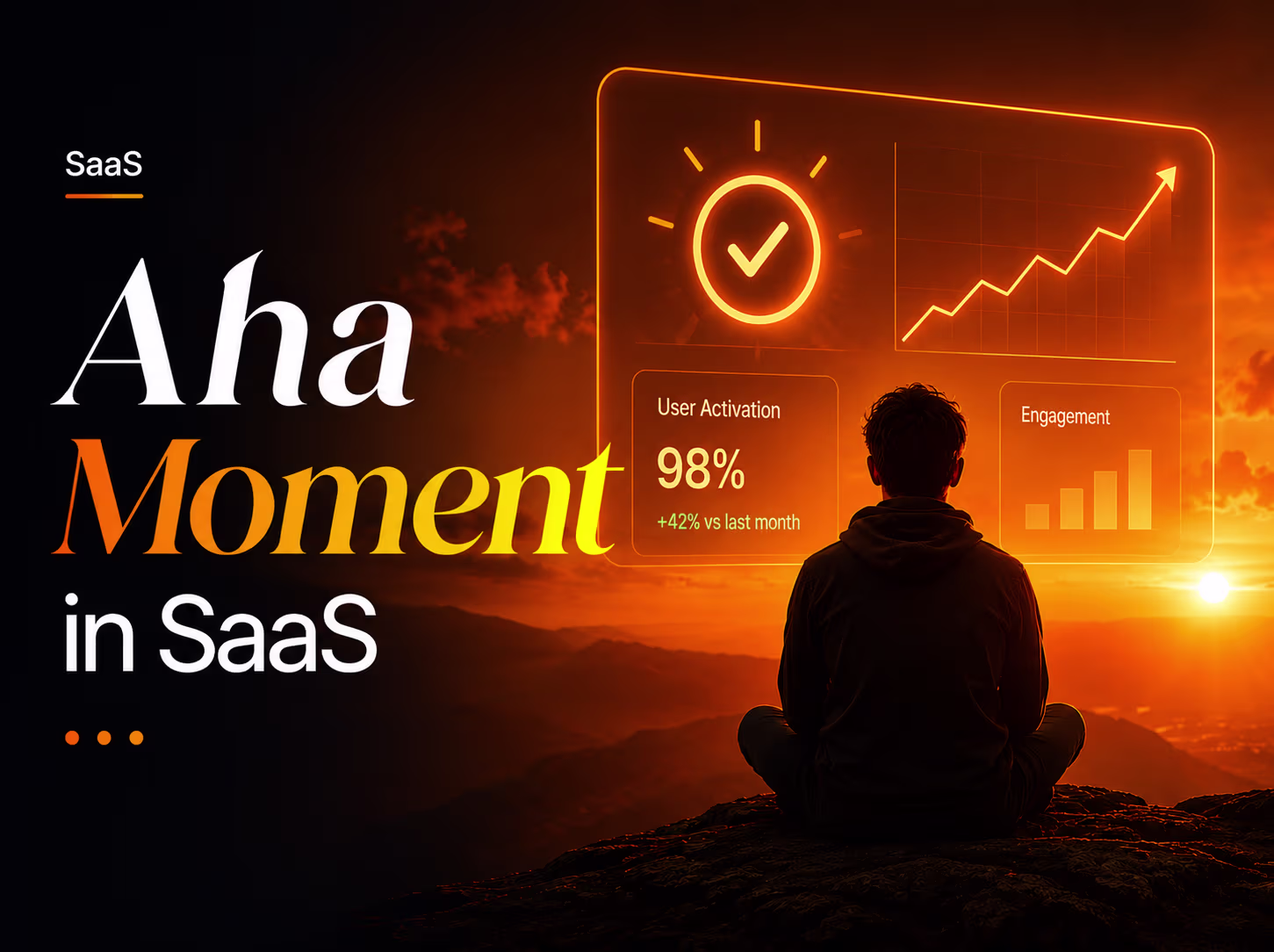 Illustration of the SaaS aha moment showing user activation, engagement metrics, and growth dashboard representing the first value realization in a SaaS product.