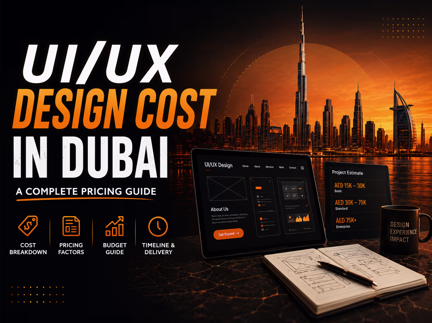 UI/UX design cost in Dubai illustrated with the Dubai skyline, design dashboard, pricing estimates, and project planning workspace representing the 2026 pricing guide.