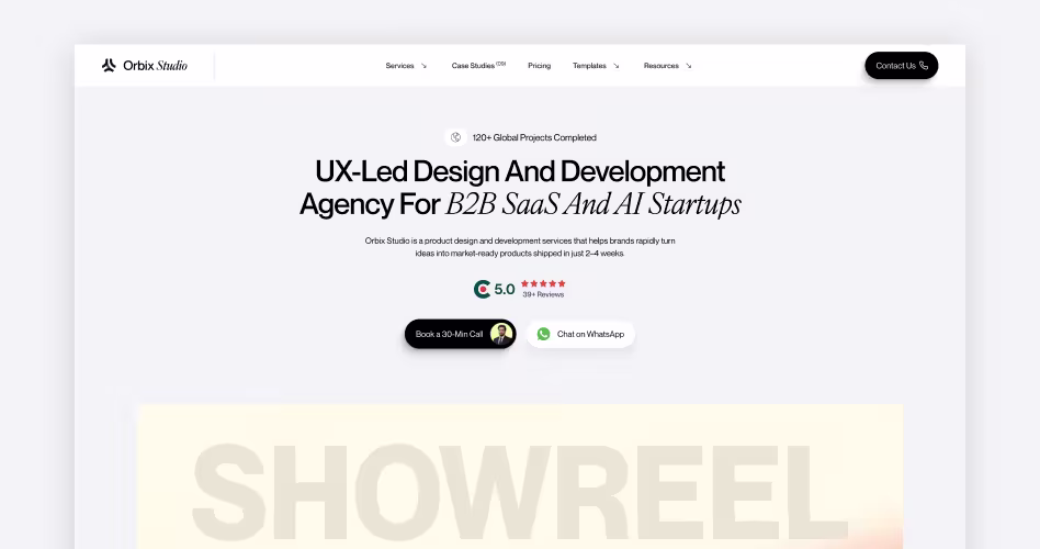 Orbix Studio UI/UX design agency homepage showcasing UX-led design, SaaS product design, AI startup solutions, and web development services.