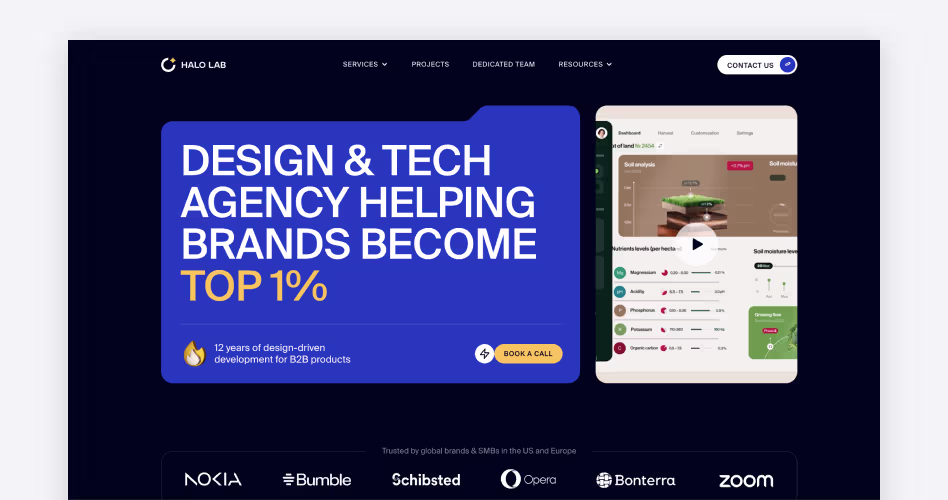 Halo Lab design and development agency homepage featuring UI/UX design, web development, and digital product services.