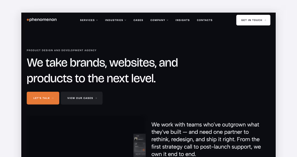 Phenomenon product design agency website highlighting branding, website design, product development, and digital transformation services.
