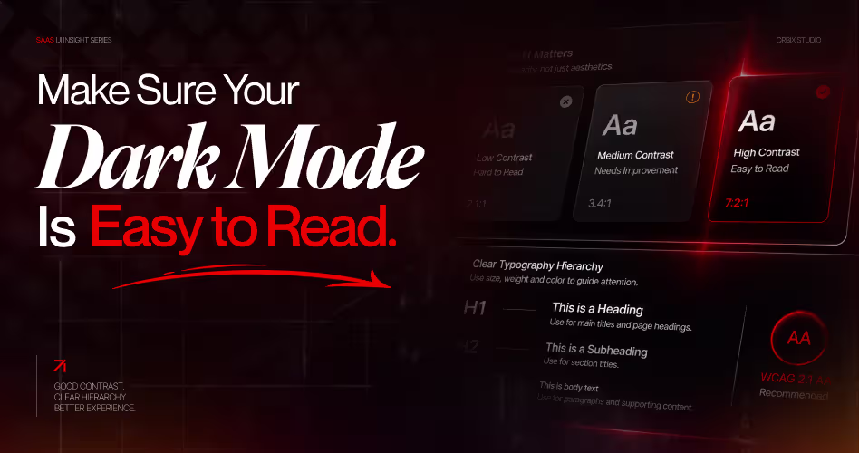 Dark mode contrast comparison showing low, medium, and WCAG-compliant high contrast text