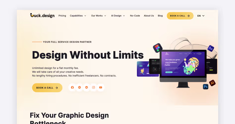 Duck.Design homepage — unlimited subscription design service, #15 dashboard design agency reviewed by Orbix Studio