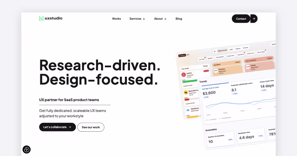 UX Studio homepage — research-driven UX partner for SaaS teams, #8 dashboard design agency in the Orbix Studio guide