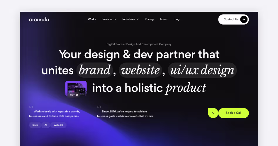 Arounda homepage — design and development partner for startups, #4 dashboard design agency reviewed by Orbix Studio