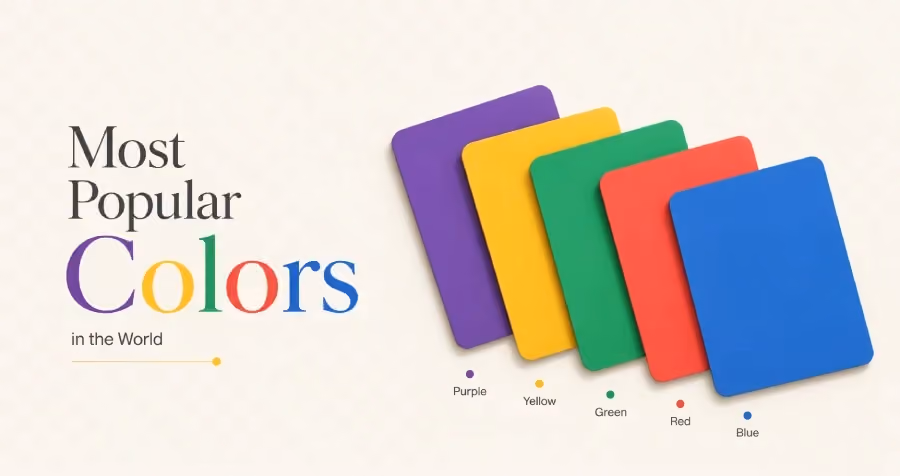 Illustration of the world's most popular colors featuring blue, red, green, yellow, and purple color cards with modern visual design and color psychology concepts.