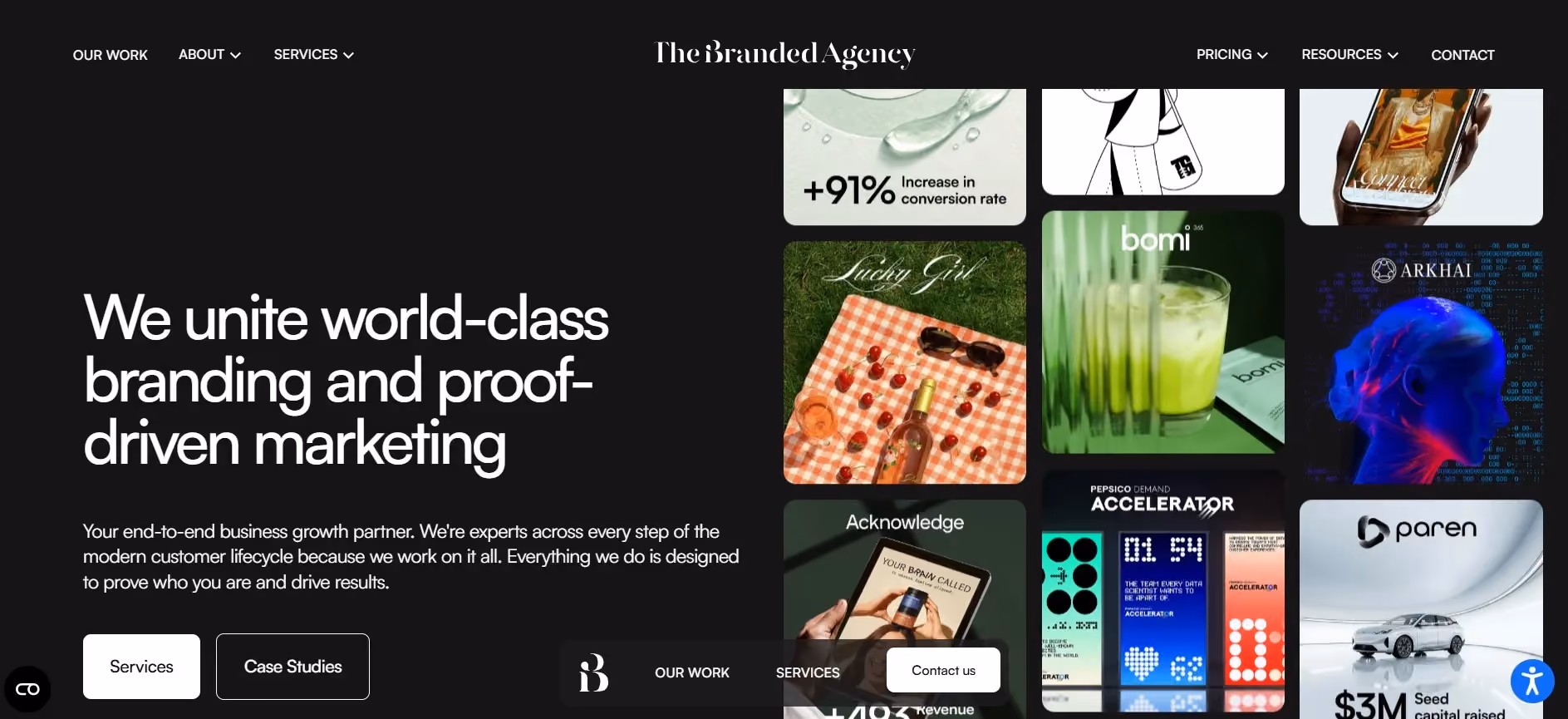 Branding and digital marketing agency homepage showcasing creative portfolio, case studies, and business growth services.