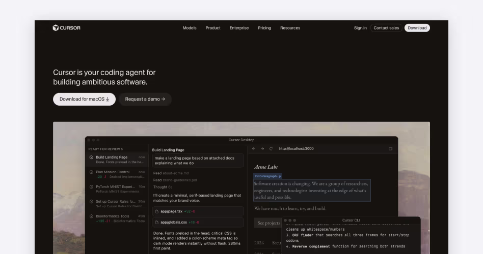 Cursor homepage showing its AI-native VS Code-based editor with 8 parallel agents and a 200K-token context window, featured among the best AI coding tools for startups