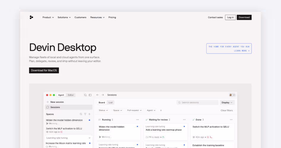Devin Desktop interface showing a Kanban-style board for managing fleets of local and cloud coding agents from one workspace, featured among the best AI coding tools for startups