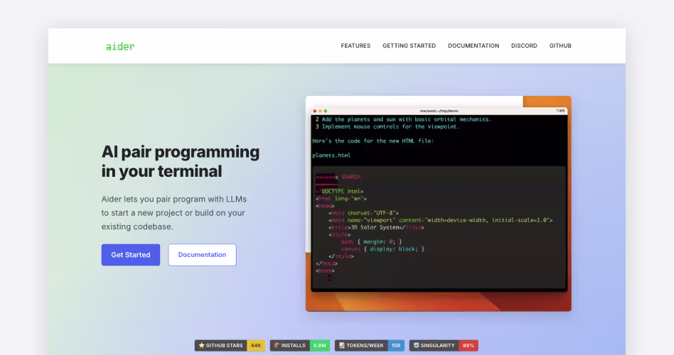 Aider homepage showing its open-source terminal tool for AI pair programming directly on an existing codebase, featured among the best AI coding tools for startups