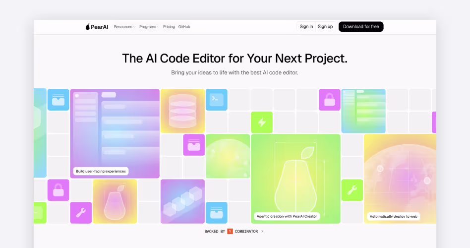 PearAI homepage showing its open-source, VS Code-based AI code editor with local codebase context, featured among the best AI coding tools for startups
