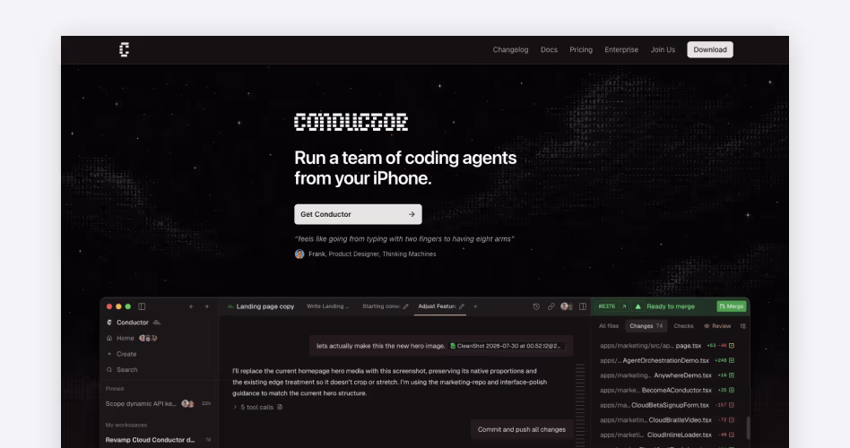 Conductor app interface showing how it lets developers run and manage a team of coding agents remotely from an iPhone, featured among the best AI coding tools for startups