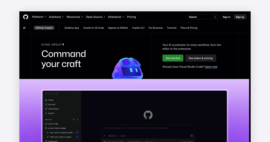 GitHub Copilot homepage showing its AI coding assistant with agent mode and cloud PR reviews built into the GitHub workflow, featured among the best AI coding tools for startups