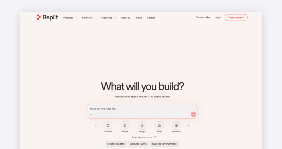 Replit homepage showing its natural-language Agent for building, deploying, and hosting apps in the browser, featured among the best AI coding tools for startups