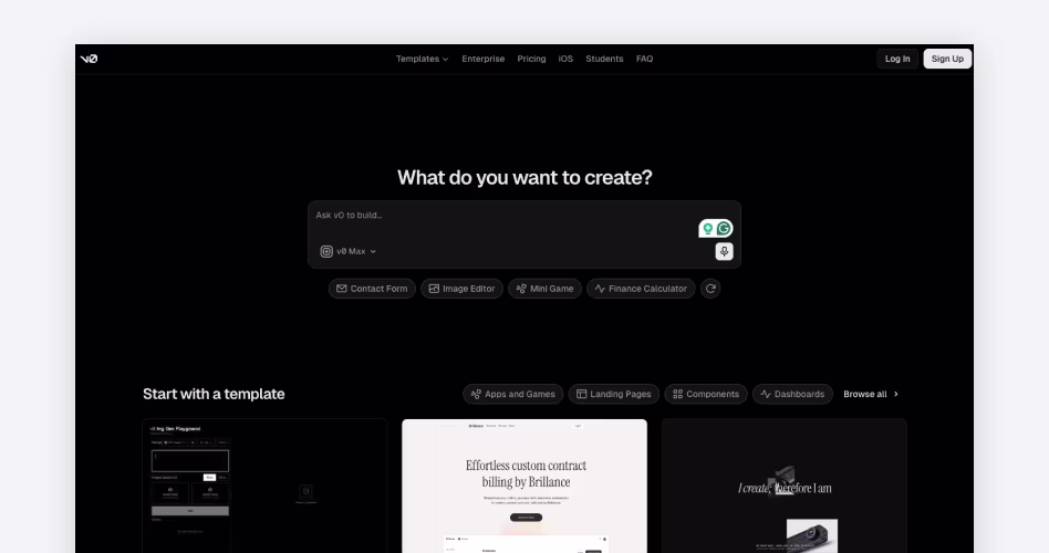 v0 by Vercel homepage showing its AI prompt interface for generating React and Next.js web interfaces, featured among the best AI coding tools for startups