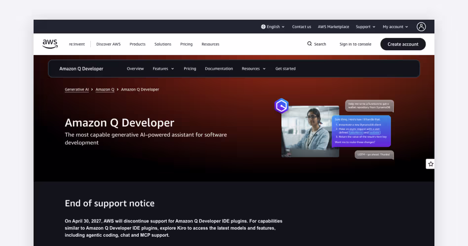 Amazon Q Developer homepage showing AWS's generative AI assistant for software development and cloud troubleshooting, featured among the best AI coding tools for startups