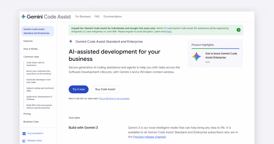 Gemini Code Assist homepage showing Google's AI-assisted development tool with a 1M-token context window for business teams, featured among the best AI coding tools for startups