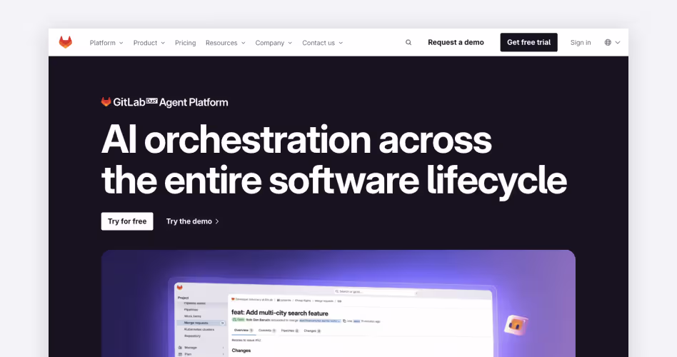 GitLab Agent Platform homepage showing AI orchestration built into GitLab's DevSecOps workflow across the software lifecycle, featured among the best AI coding tools for startups