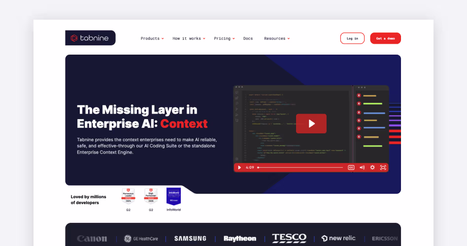Tabnine homepage showing its enterprise AI coding platform focused on privacy, context, and secure deployment options, featured among the best AI coding tools for startups