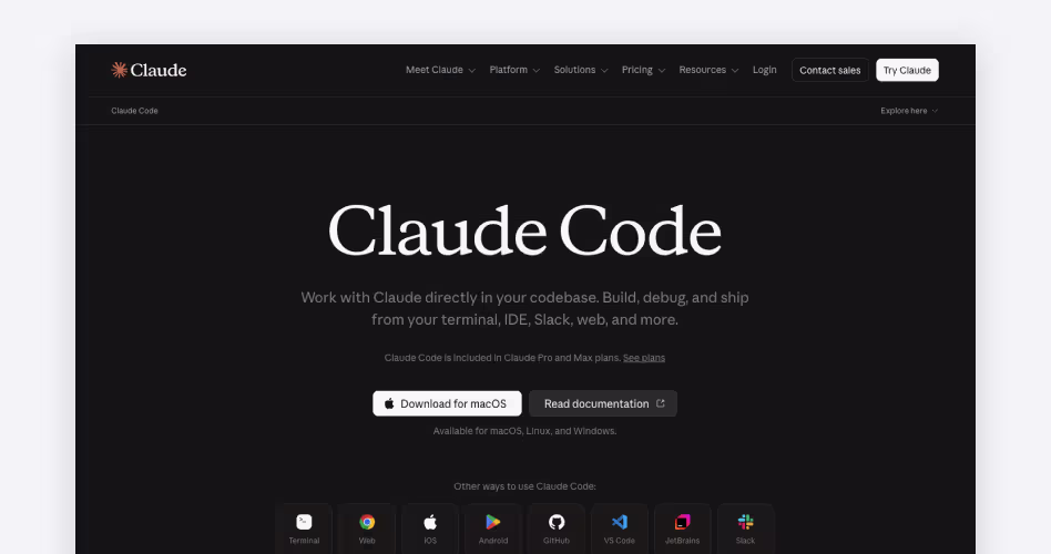 Claude Code homepage showing Anthropic's terminal-based agentic coding tool for working directly in a developer's codebase, featured among the best AI coding tools for startups