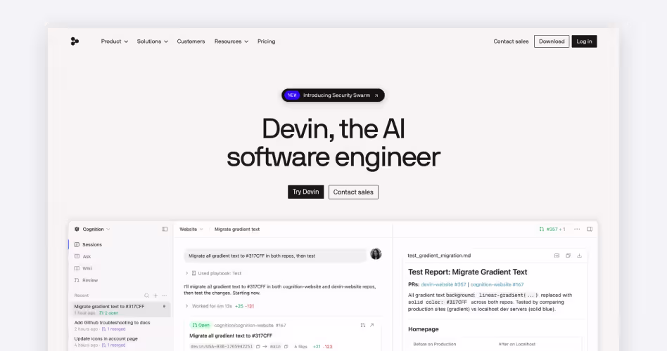 Devin homepage showing Cognition's autonomous AI software engineer handling end-to-end coding tasks and pull requests, featured among the best AI coding tools for startups