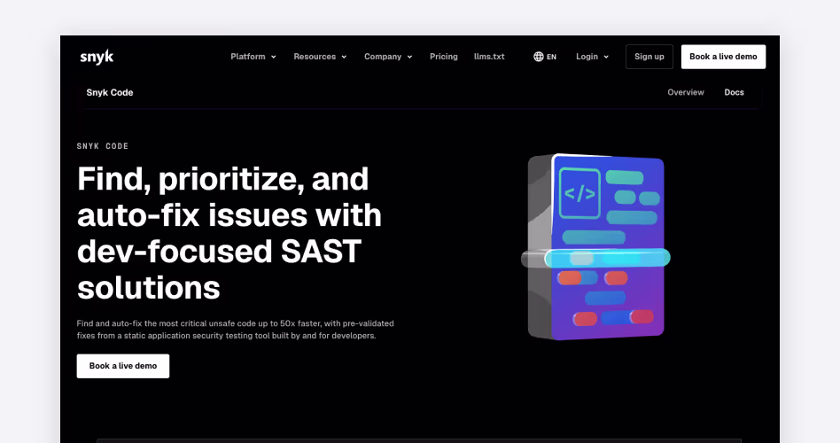 Snyk Code homepage showing its AI-powered static application security testing tool for finding and auto-fixing vulnerable code, featured among the best AI coding tools for startups
