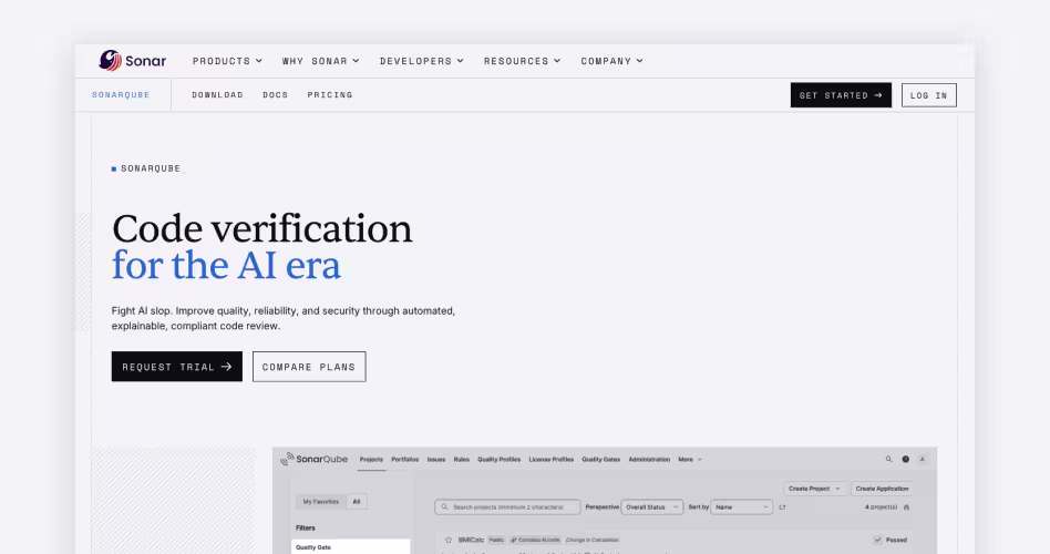 SonarQube homepage showing its code verification platform for catching bugs, vulnerabilities, and quality issues in AI-generated code, featured among the best AI coding tools for startups